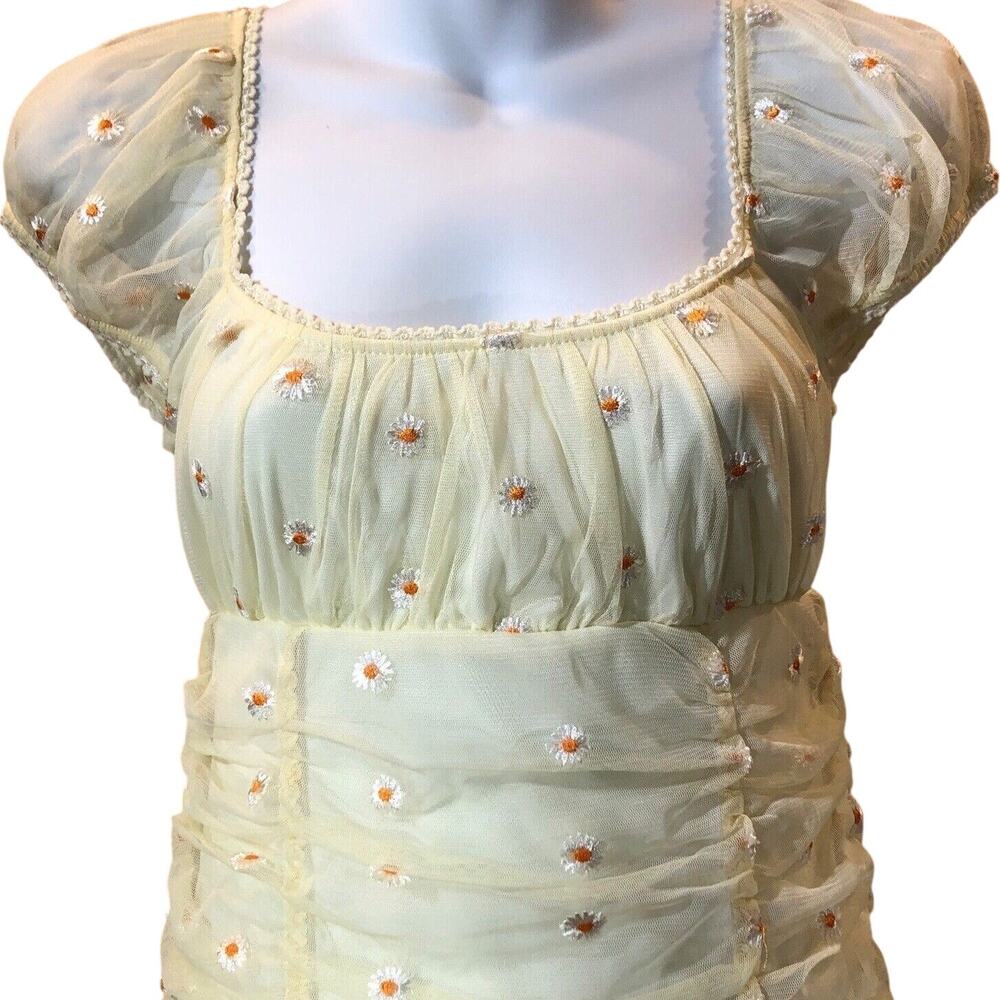 Yellow Daisy Ruched Mesh Mini Dress Small NEW Coquette Cottagecore Y2K FairyCore - Picture 3 of 12